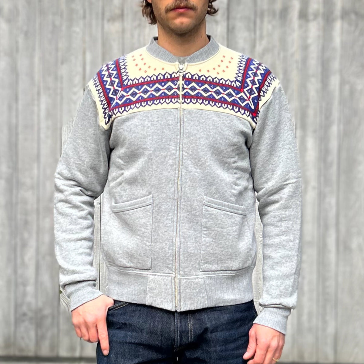 The Flat Head ‘Snow Pattern’ Full-Zip Loopwheeled Sweatshirt – Grey