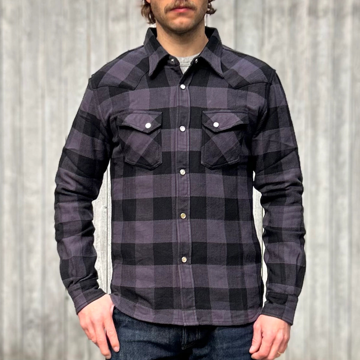 Flat Head Block Check Selvedge Flannel Western Shirt Gray Black He
