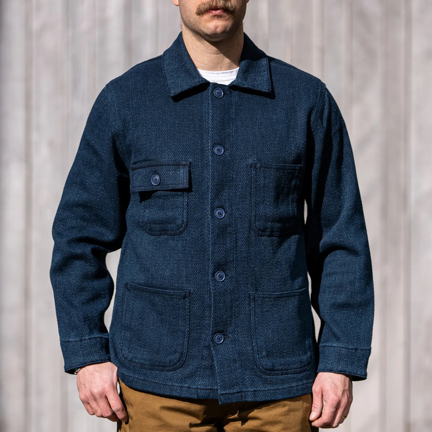Naked Famous Yagasuri Chore Coat Indigo Jacquard Denim