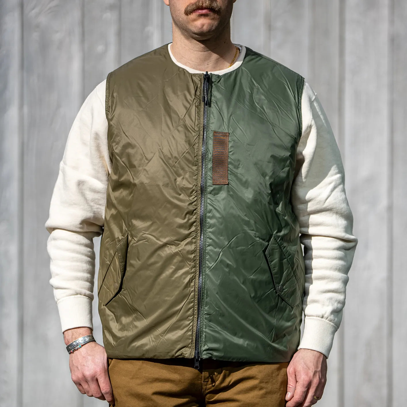 Taion Reversible MA-1 Down Vest – Crazy Olive x Black / Japan Special Taion Reversible MA-1 Down Vest – Crazy Olive x Black / Japan Special