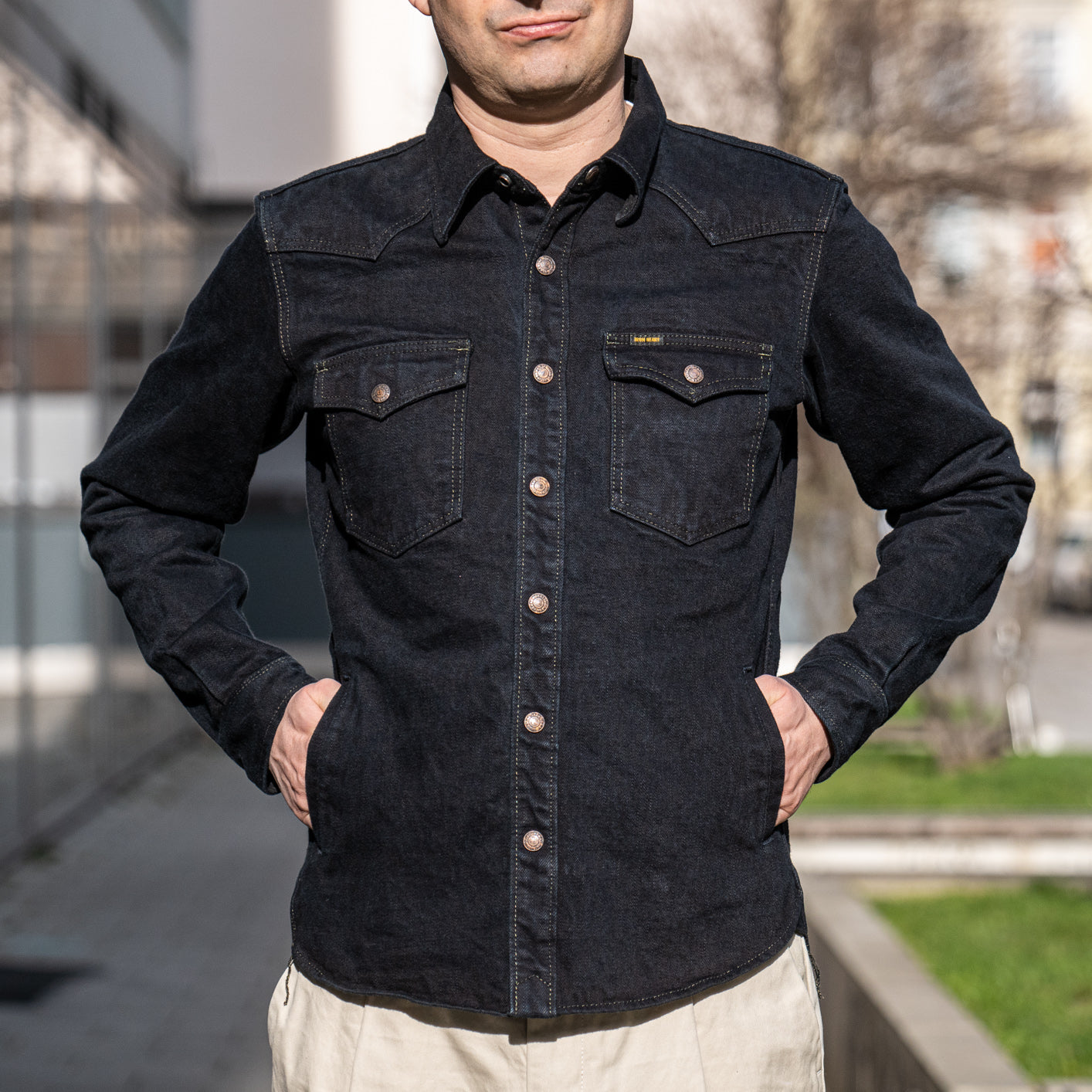 Iron Heart Vintage Selvedge Denim CPO Shirt – Black Overdyed