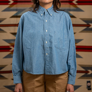 OrSlow Women Short Button Down Shirt Hickory Stripe worn front