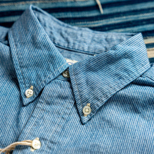 OrSlow Women Short Button Down Shirt – Hickory Stripe close up collar