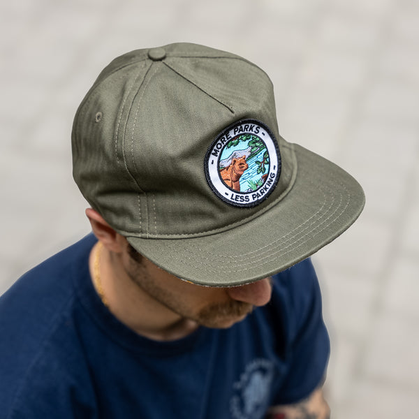 Ampal Creative ‘More Parks’ Strapback Cap – Olive Green / Herringbone Twill