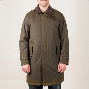 Baracuta G10 Waxed Cotton Coat Deep Moss Teddy Lined worn front with storm flap