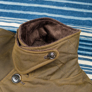 Baracuta G10 Waxed Cotton Coat Deep Moss Teddy Lined close up collar with storm flap