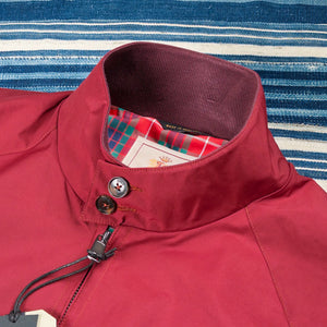 Baracuta G9 Harrington Jacket Tawny Port worn front close up collar