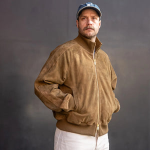 Baracuta G9 Antique Suede Leather Track Jacket Brown worn lifestyle