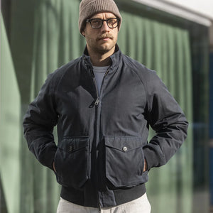 Baracuta G9 Waxed Pocket Jacket Lined Authentic Fit Dark Navy worn lifestyle