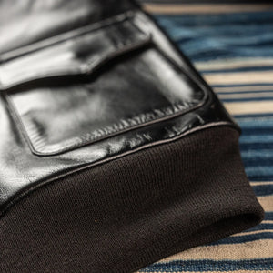 Buzz Ricksons William Gibson A2 Leather Jacket Horsehide Black close up hem