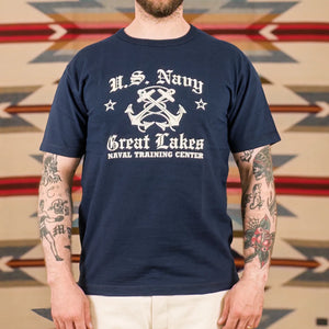 Buzz Ricksons US Navy Great Lakes 6oz Loopwheel Slub Yarn Print TShirt Navy worn front