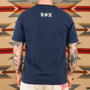 Buzz Ricksons US Navy Great Lakes 6oz Loopwheel Slub Yarn Print TShirt Navy worn backside