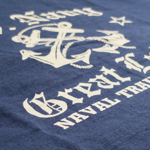 Buzz Ricksons US Navy Great Lakes 6oz Loopwheel Slub Yarn Print TShirt Navy close up back print