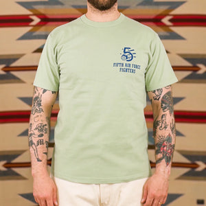 Buzz Ricksons 8oz Loopwheeled Pin Up Print TShirt Light Green worn front