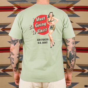 Buzz Ricksons 8oz Loopwheeled Pin Up Print TShirt Light Green worn backside