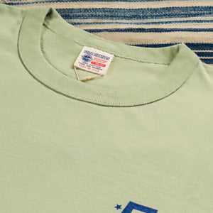 Buzz Ricksons 8oz Loopwheeled Pin Up Print TShirt Light Green detail crew neck