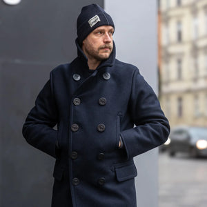 Buzz Ricksons US Navy Pea Coat Long Model Dark Navy worn lifestyle