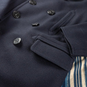 Buzz Ricksons US Navy Pea Coat Long Model Dark Navy close up side pockets and buttons