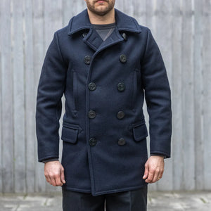 Buzz Ricksons US Navy Pea Coat Long Model Dark Navy worn front collar down