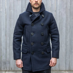 Buzz Ricksons US Navy Pea Coat Long Model Dark Navy worn front collar up