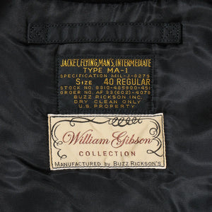 Buzz Ricksons William Gibson MA1 Slender Flight Jacket Black close up labels