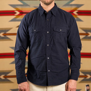 Dalees Co 1950s Beak Flap Flannel Work Shirt Navy worn front