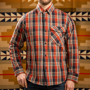 Deluxeware 20th Anniversary Betsy Ross DoubleWeave Flannel Shirt Red Blue White worn front