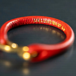 Deluxeware Steerhide red Leather Bracelet Solid Brass Hook close up embossing
