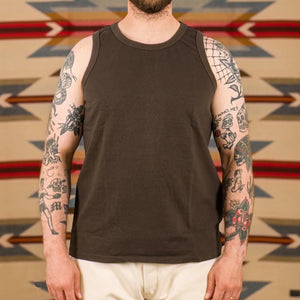 Dubble Works 5oz Tenjuku Loopwheel Tank Top Sumikuro Brown worn front