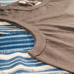Dubble Works 5oz Tenjuku Loopwheel Tank Top Sumikuro Brown close up hem