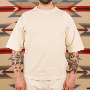 Dubble Works 9oz Heavy Weight Loopwheeled Raglan TShirt Pigment Dyed Cream worn front