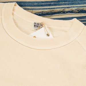 Dubble Works 9oz Heavy Weight Loopwheeled Raglan TShirt Pigment Dyed Cream close up crew neck