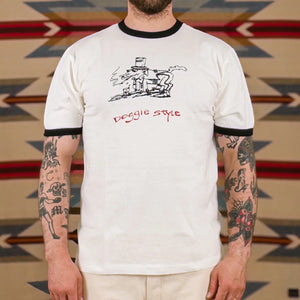 Dubble Works Loopwheeled Ringer Tee Doggie Style Off White Black worn front