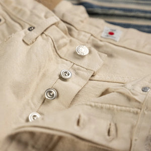 Edwin 14oz Natural Selvedge Jeans Damage Used Wide Straight detail button fly