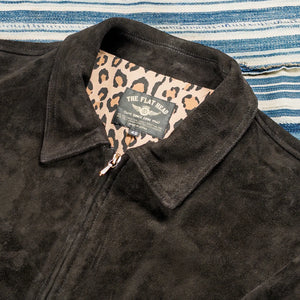 The Flat Head Deerskin Suede Leather Bomber Jacket Black detail collar