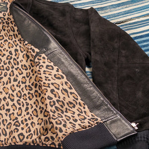 The Flat Head Deerskin Suede Leather Bomber Jacket Black detail leo print lining