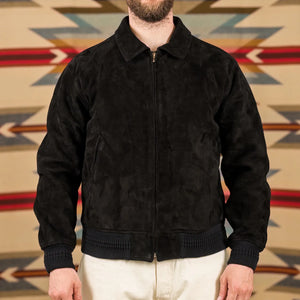 The Flat Head Deerskin Suede Leather Bomber Jacket Black worn front