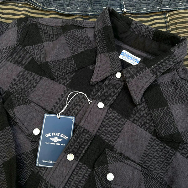 Flat Head Block Check Selvedge Flannel Western Shirt – Gray / Black Herringbone