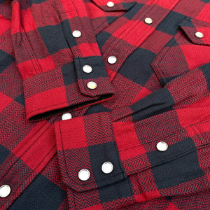 The Flat Head Block Check Selvedge Flannel Western Shirt – Red / Black Herringbone
