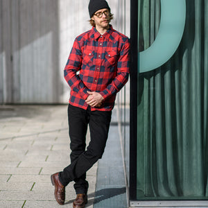 The Flat Head Block Check Selvedge Flannel Western Shirt – Red / Black Herringbone