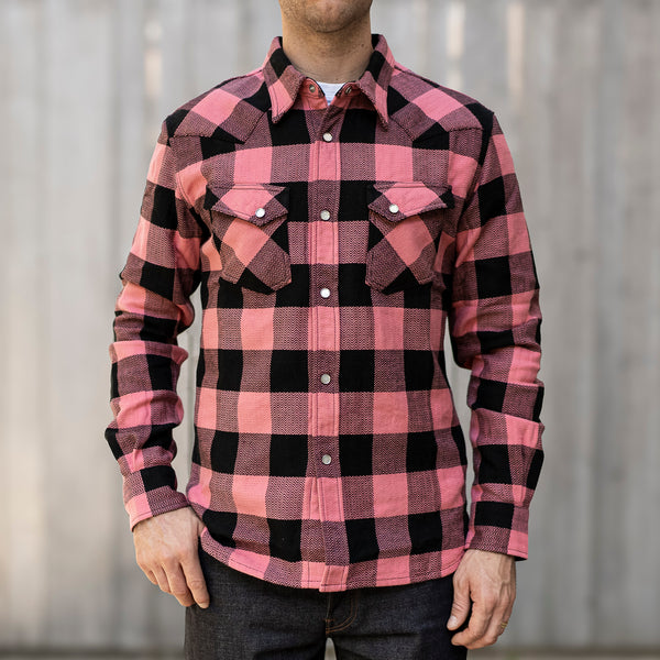 The Flat Head Block Check Selvedge Flannel Western Shirt – Pink / Black Herringbone