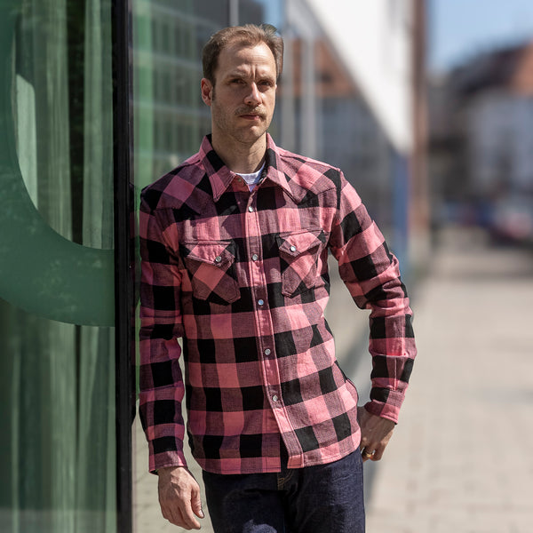 The Flat Head Block Check Selvedge Flannel Western Shirt – Pink / Black Herringbone