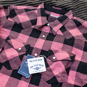 The Flat Head Block Check Selvedge Flannel Western Shirt – Pink / Black Herringbone