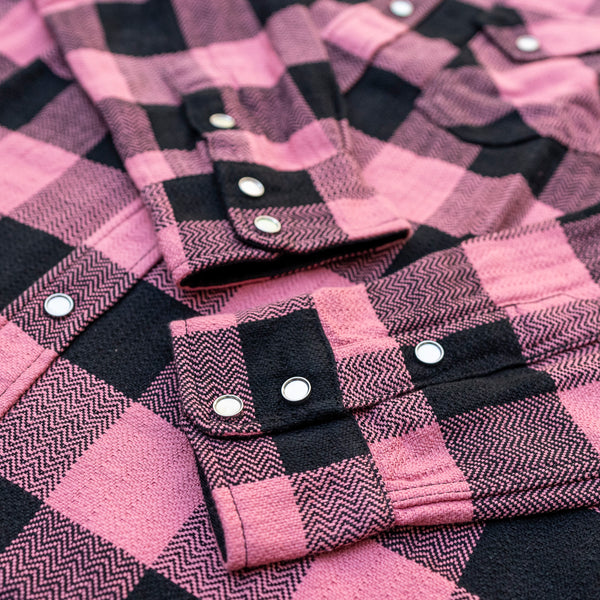 The Flat Head Block Check Selvedge Flannel Western Shirt – Pink / Black Herringbone