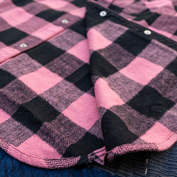 The Flat Head Block Check Selvedge Flannel Western Shirt – Pink / Black Herringbone