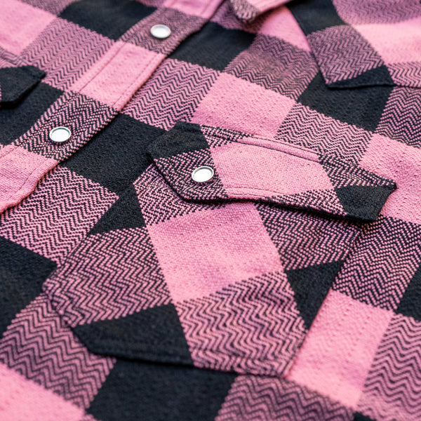 The Flat Head Block Check Selvedge Flannel Western Shirt – Pink / Black Herringbone