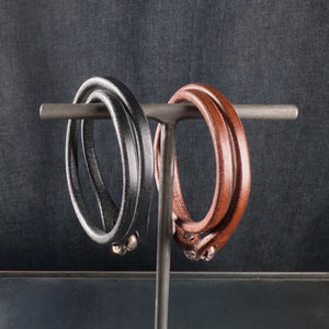 The Flat Heat Double Brown Leather Bracelet Sterling Silver Closure with black