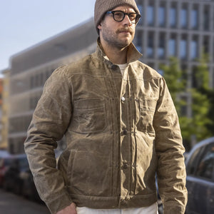 Freenote 10oz Waxed Canvas Riders Jacket Rust lifestyle worn front