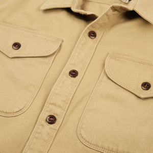 Freenote 11oz Sateen Twill Utility Shirt Khaki close up button front