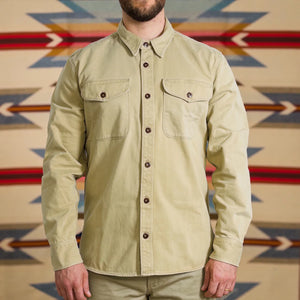 Freenote 11oz Sateen Twill Utility Shirt Khaki worn front